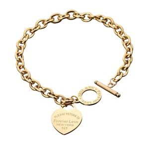 Forever Love New York 925 Gold Chain Bracelet‎ Heart Charm Toggle Clasp 200mm